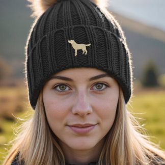 Yellow Labrador Owner Gift, Clothing Gifts, Faux Fur Pom Pom Chunky Knit Super Soft Embroidered Beanie.